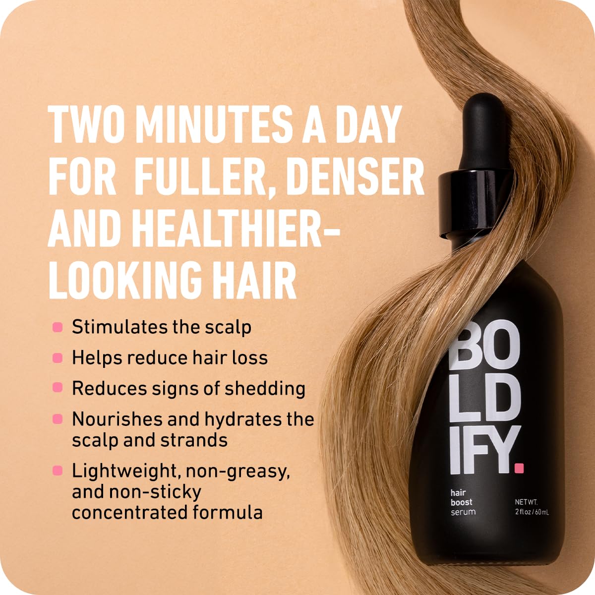 Boldify serum with dispense pump enables easy daily application.