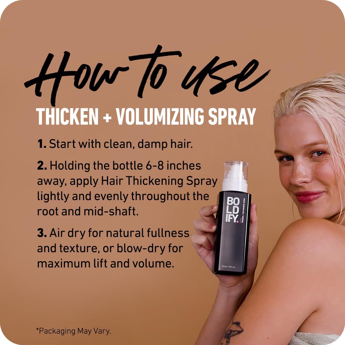 Boldify thickening spray supports a clean scalp with minerals and nutrients.