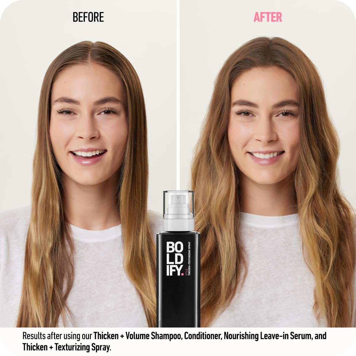 Boldify thickening spray provides light hold without weighing hair down.
