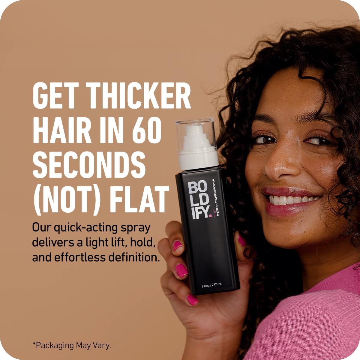Boldify thickening spray creates a textured finish for easy, long-lasting style.