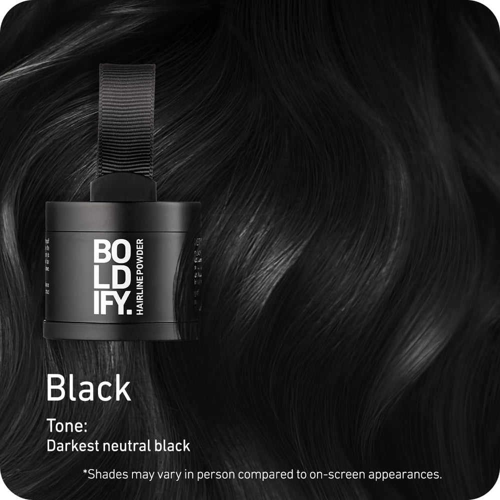 Boldify Hairline Powder container with brush demonstrates all-day stain-proof coverage.