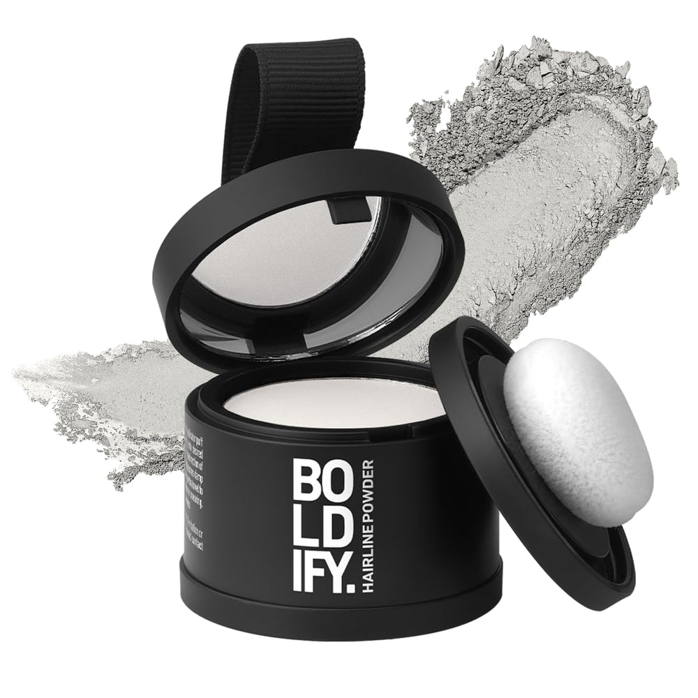 Boldify Hairline Powder applicator closeup for precise root touchups and natural coverage.