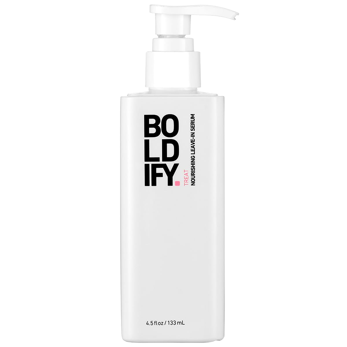 Boldify Leave-In Serum bottle with pump for lightweight conditioning.
