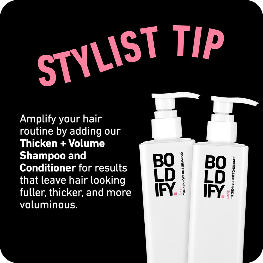 Boldify Leave-In Serum delivers softer, shinier finish and frizz control.