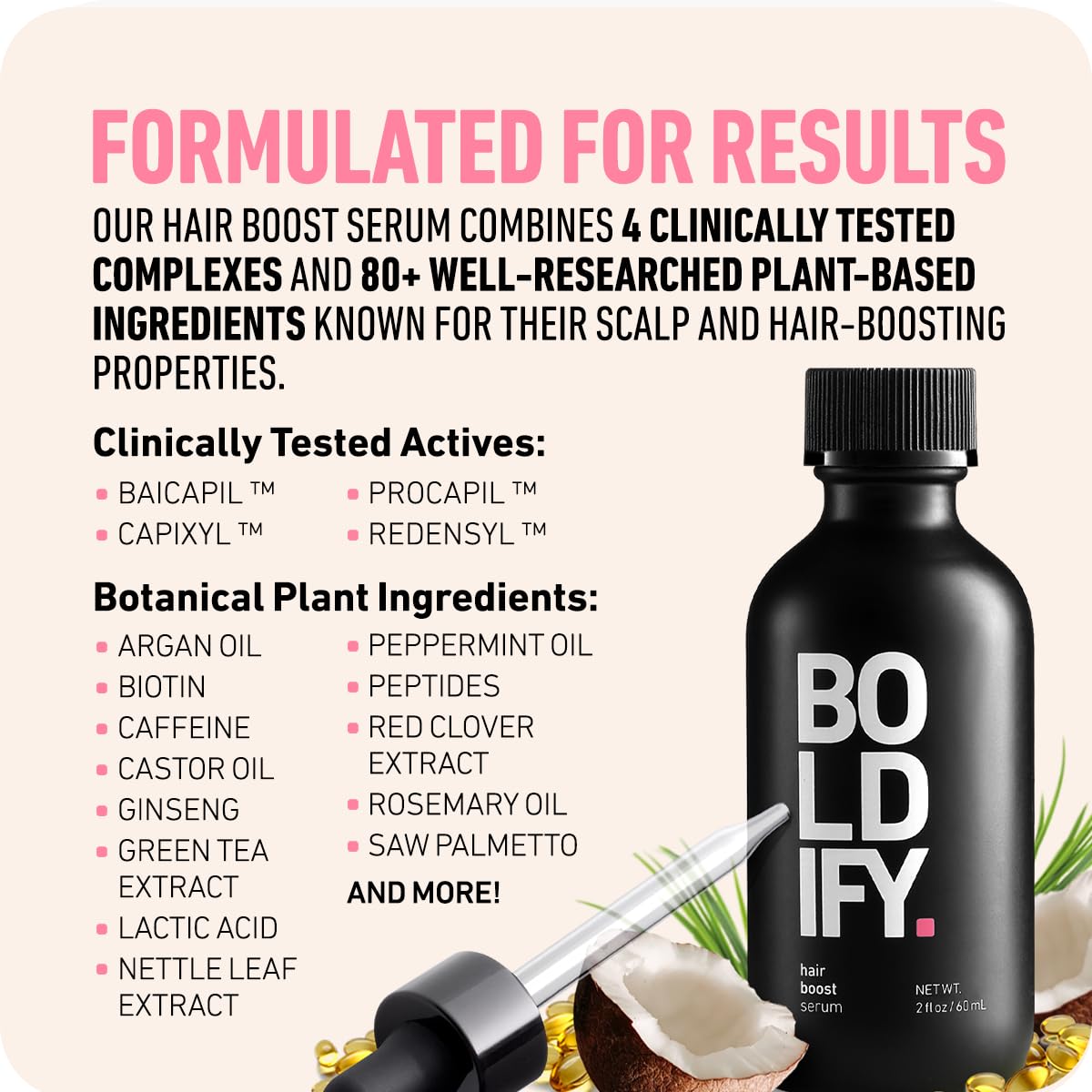 Boldify natural boosters ingredients close-up for nourished scalp.