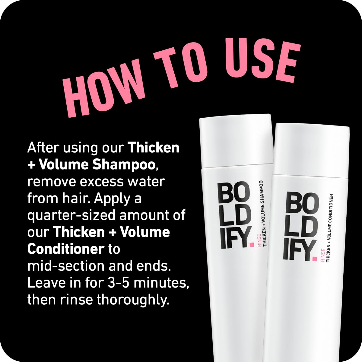 Boldify Thicken Volume Conditioner vegan non-toxic formula highlighted on clean counter.