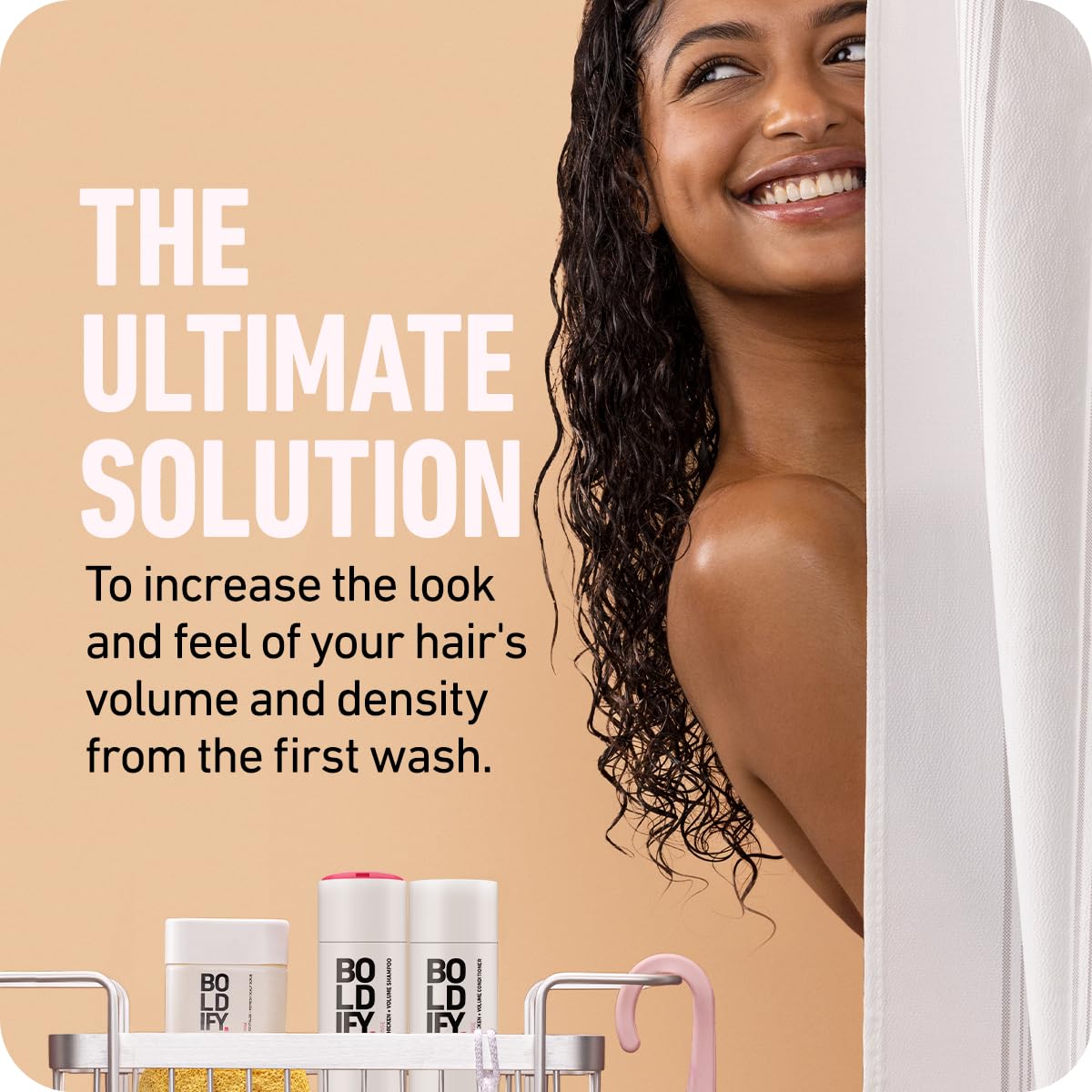 Boldify Thicken Volume Conditioner label closeup highlights biotin formula for thicker hair.