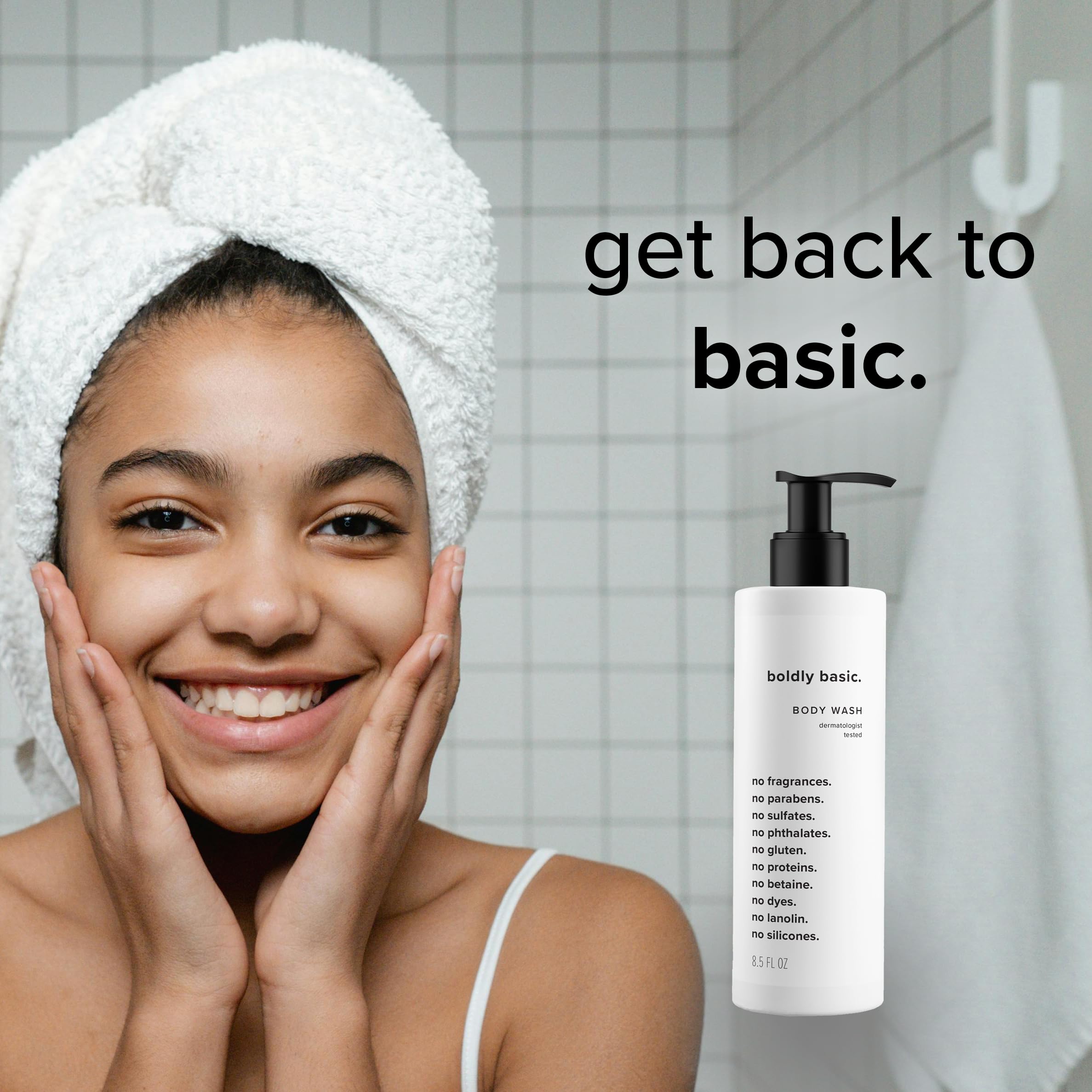 Boldly Basic Fragrance Free Body Wash pour bottle showing non-irritating formula in action