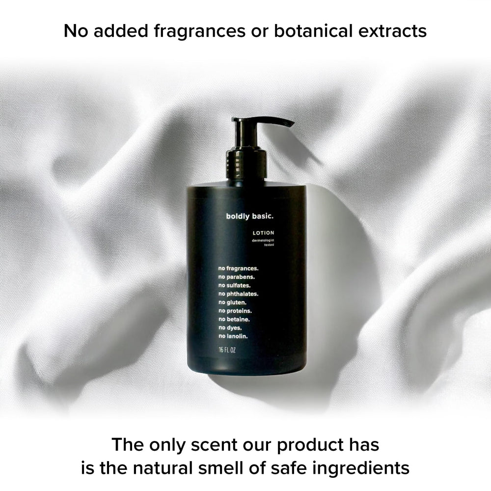 Hypoallergenic Boldly Basic lotion close-up with natural ingredients visible