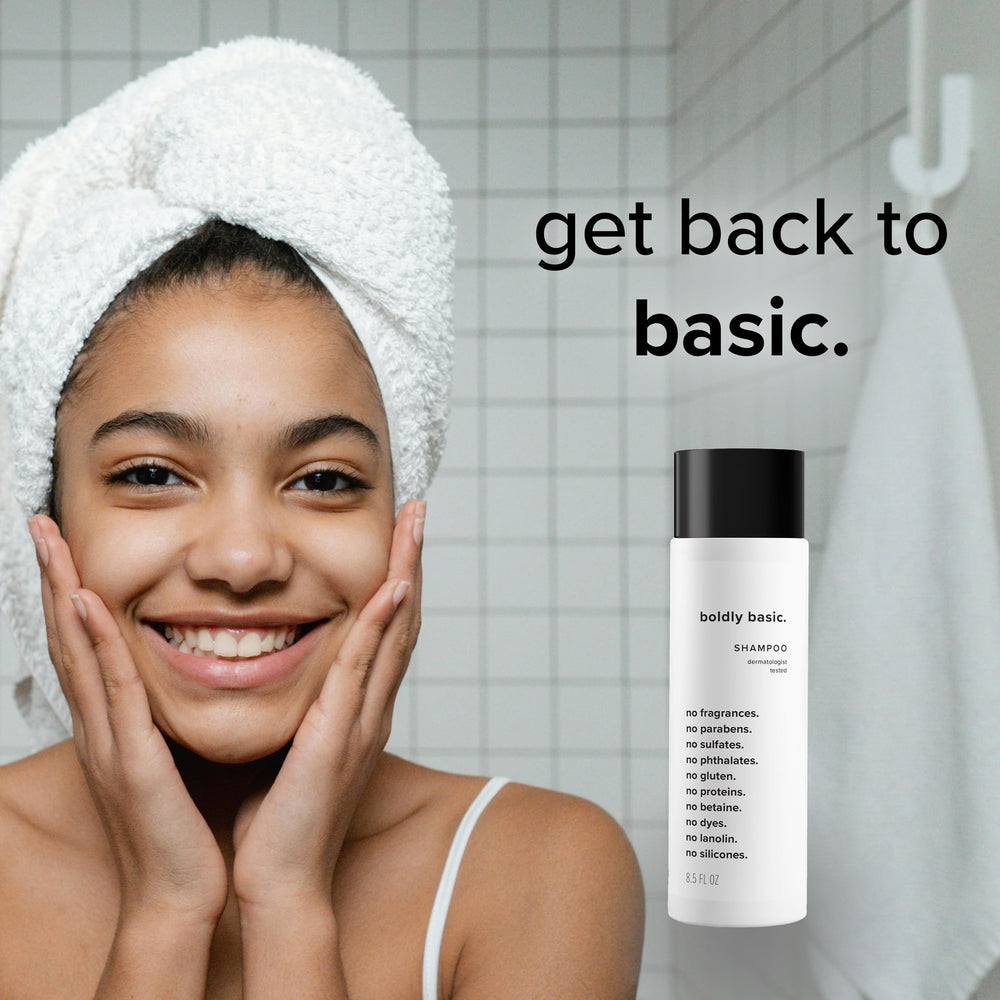 Boldly Basic fragrance-free shampoo in a family bathroom for sensitive scalps