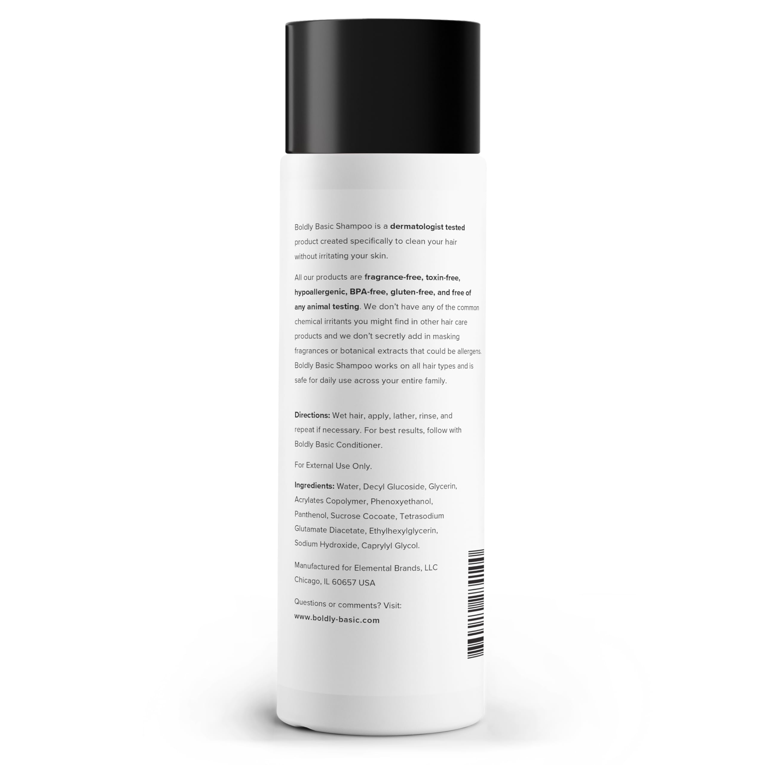 Boldly Basic shampoo label close-up showing dermatologist-tested, toxin-free formula