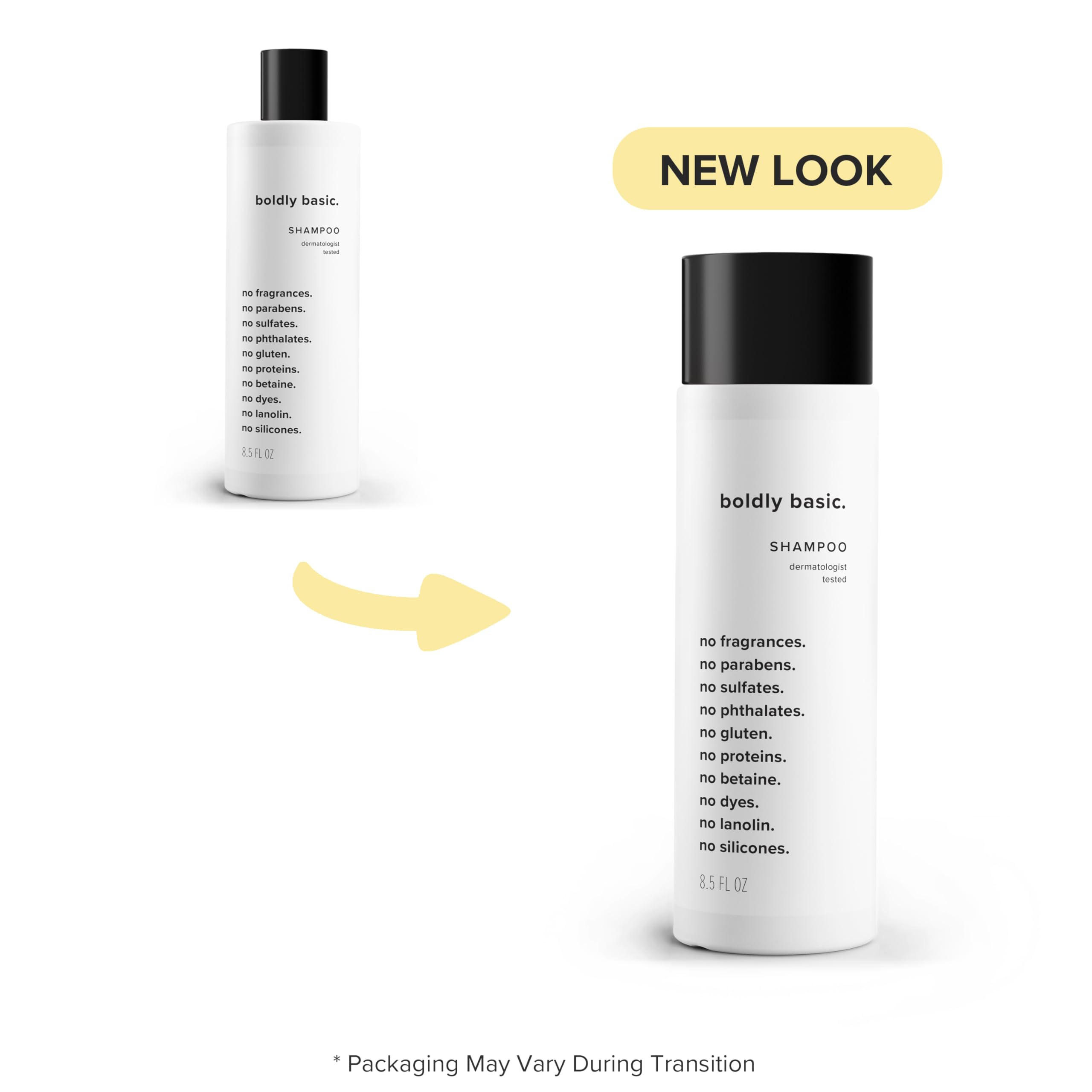 Boldly Basic fragrance-free shampoo image indicating gluten-free and nut-free formulation