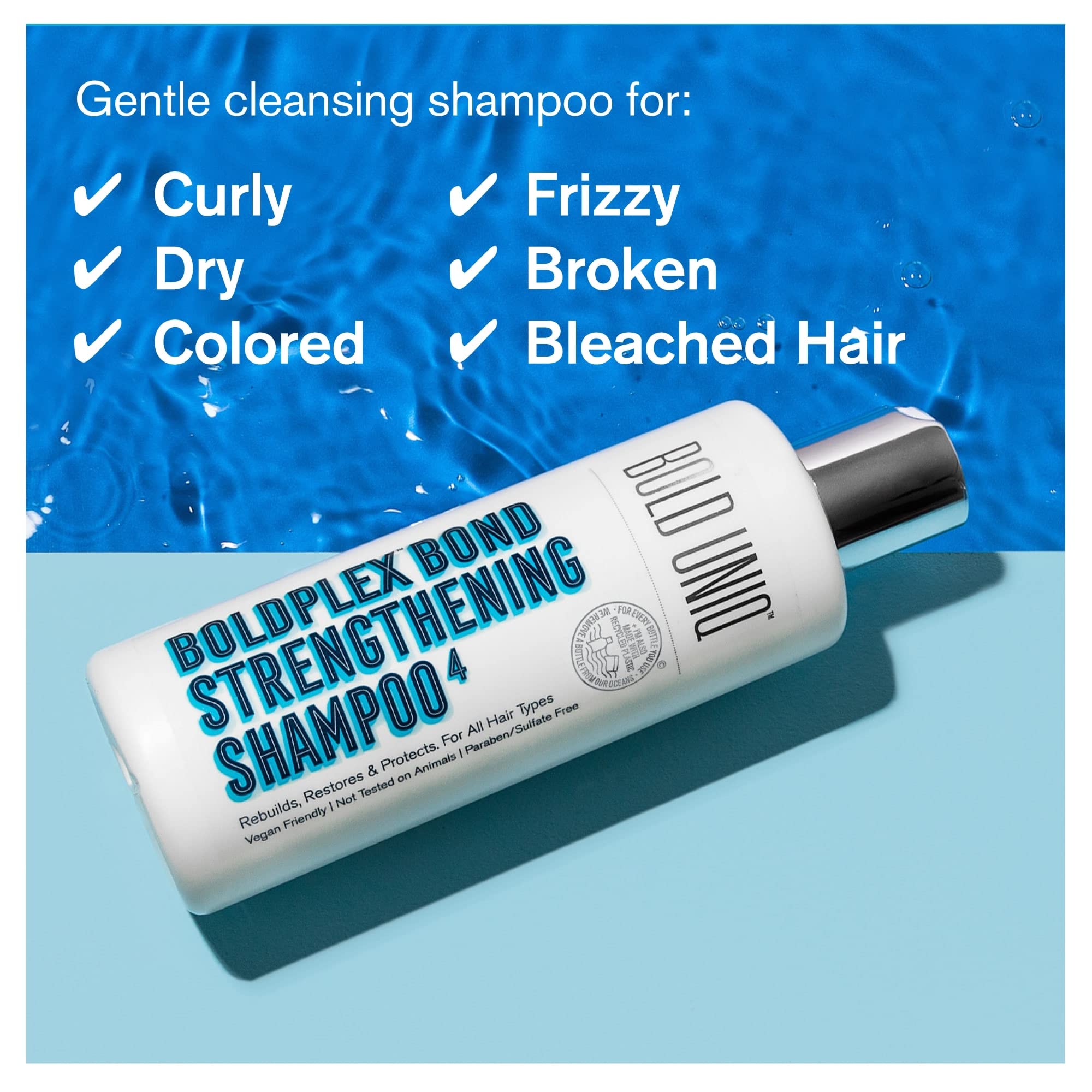 BoldPlex 4 Bond shampoo packaging detail emphasizes sustainable post-consumer plastic.
