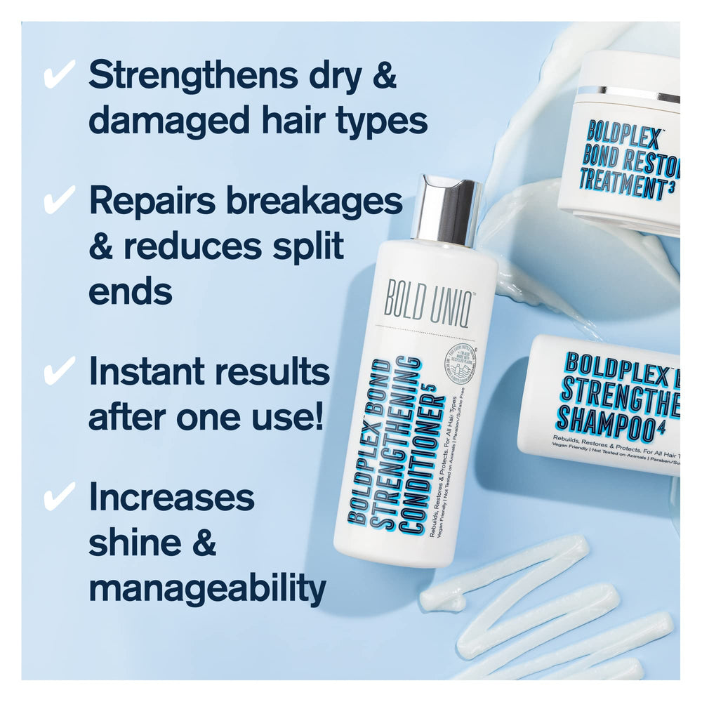 Bolduniq Boldplex bond strengthening conditioner tube providing smooth, frizz-control hair.