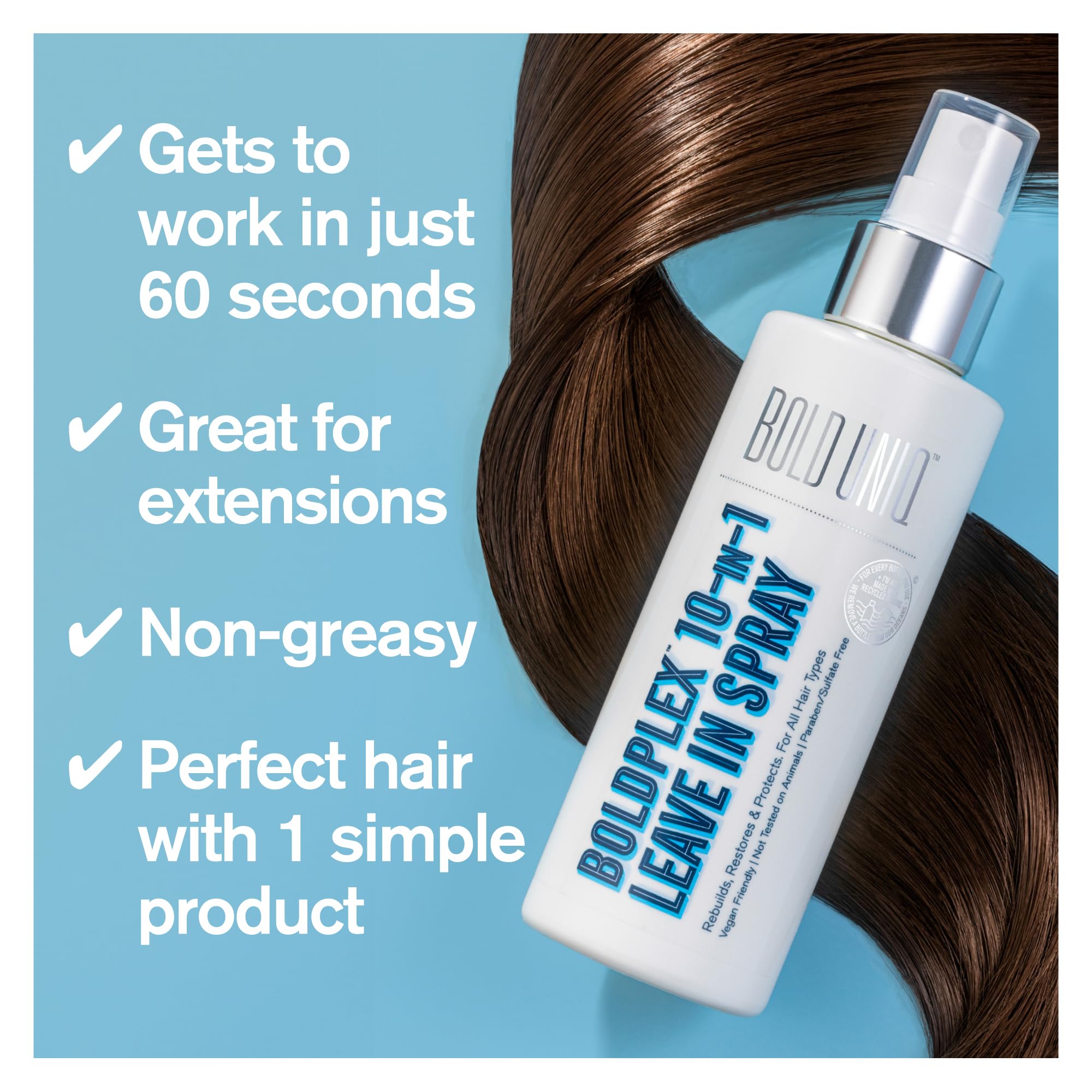 BOLD UNIQ Boldplex heat protectant spray nozzle detangles and smooths frizz.