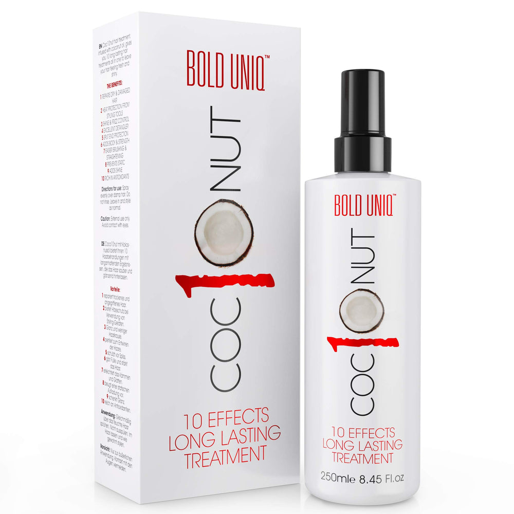 Bold Uniq Coconut Thermal Protection Spray bottle ready for heat styling up to 450°F.
