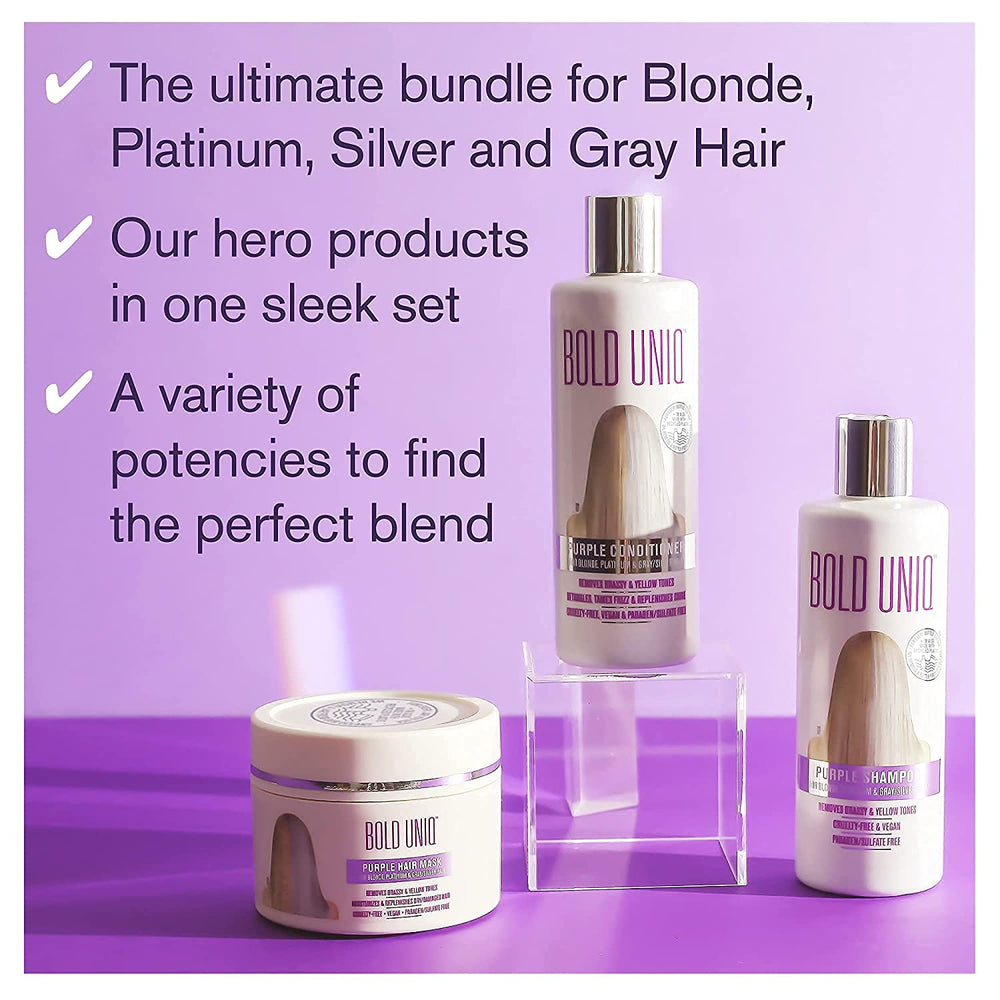 Bold UNIQ purple mask jar reveals pigmentation lift for dull hair revival.