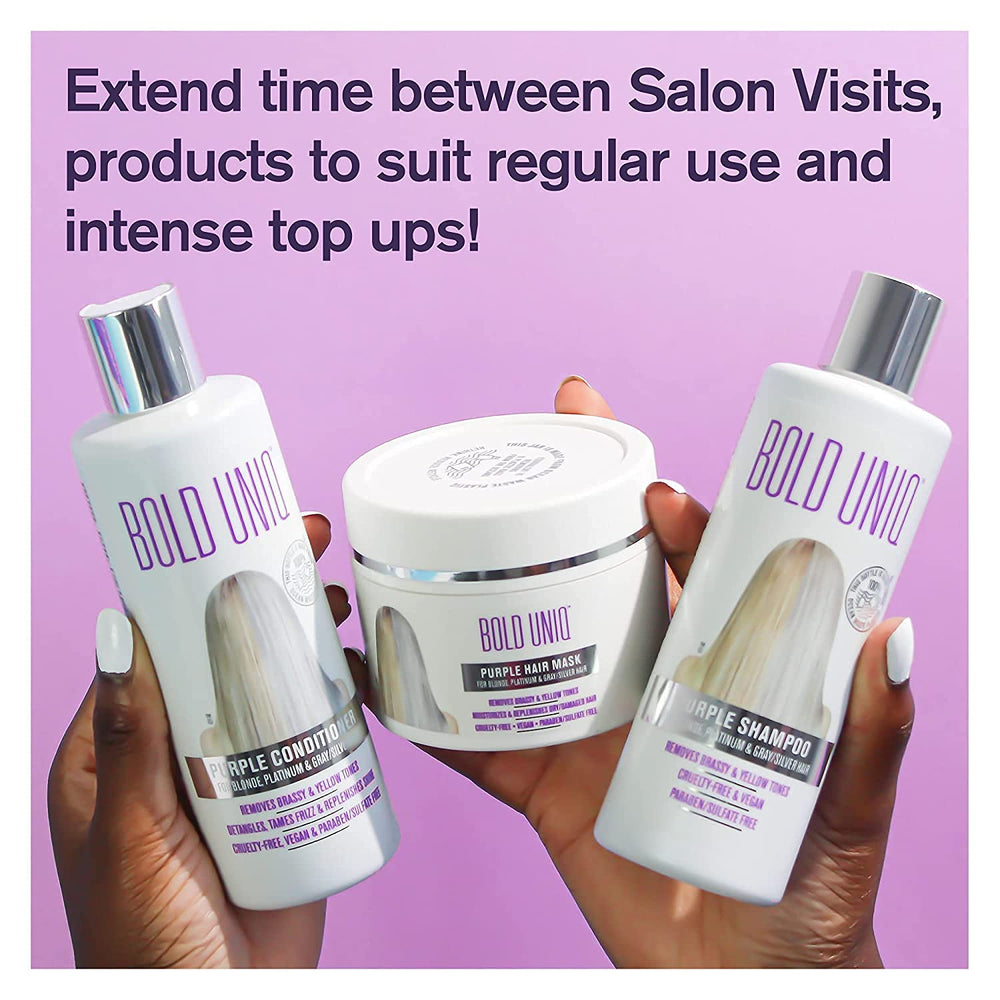Bold UNIQ silver-tone hair close-up highlights a radiant finish.