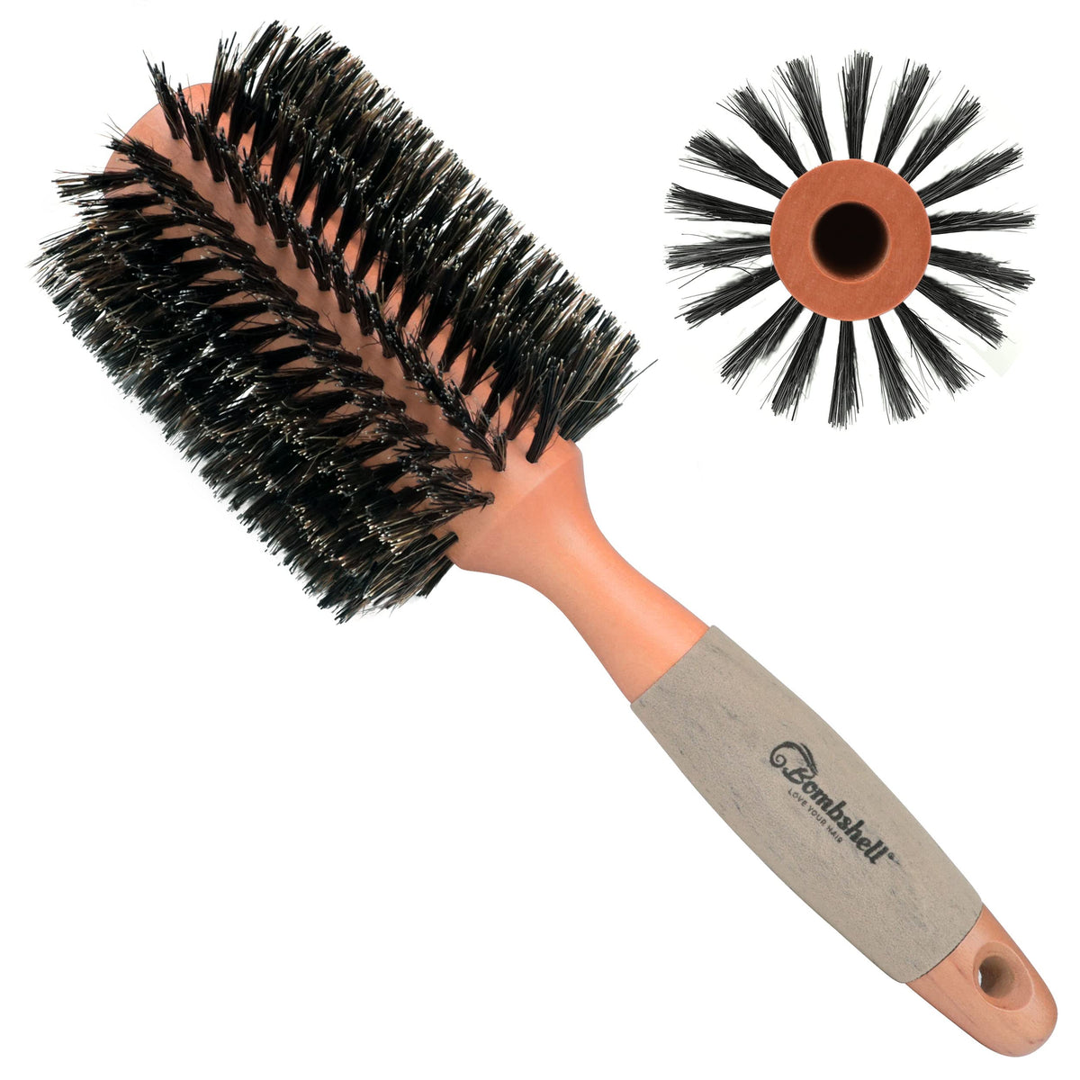 Bombshell boar bristle round brush with natural wood handle for gentle detangling