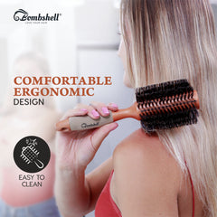 Bombshell round brush creating volume and curls for salon-grade styling at home