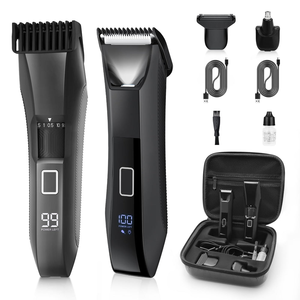 Bomic Manscape 4-in-1 grooming system shows versatile attachments for body, beard, nose, and sensitive areas.
