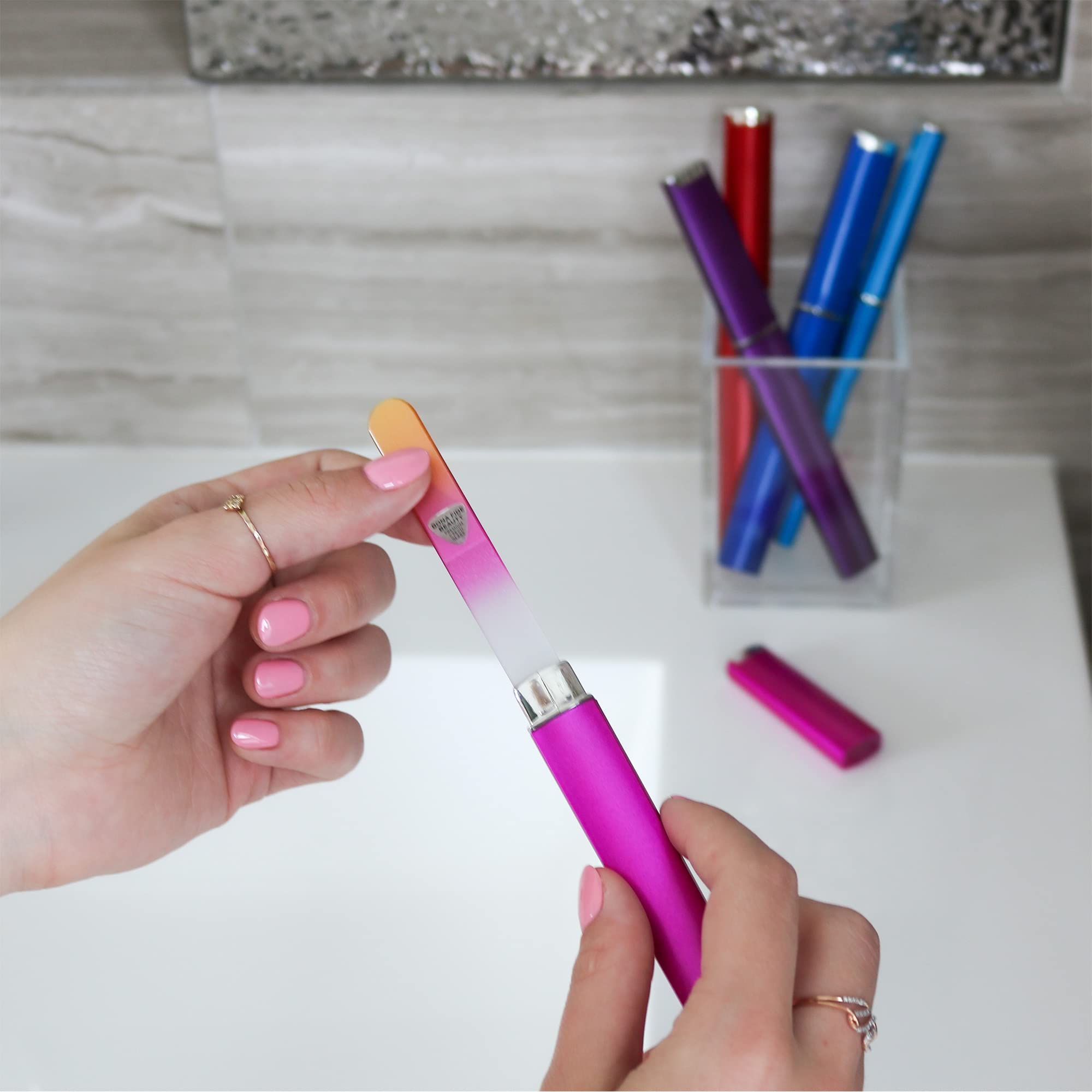 Rinsing and towel-drying Bona Fide Beauty glass files illustrates easy maintenance and reuse