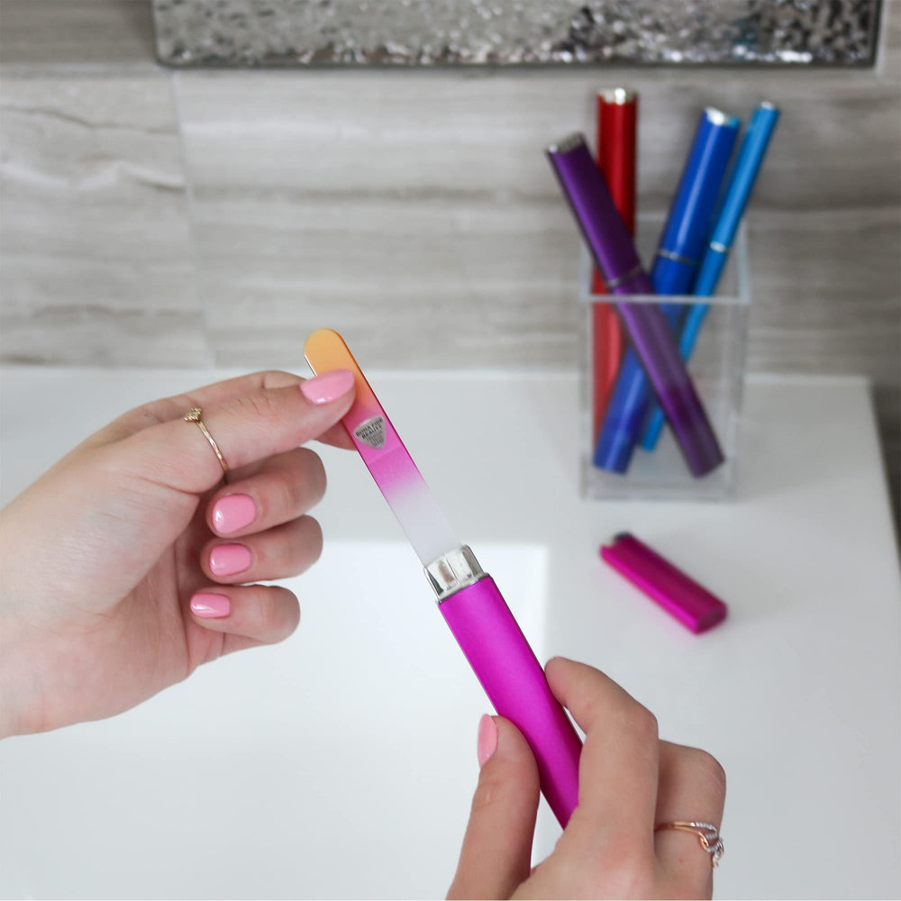 Rinsing and towel-drying Bona Fide Beauty glass files illustrates easy maintenance and reuse