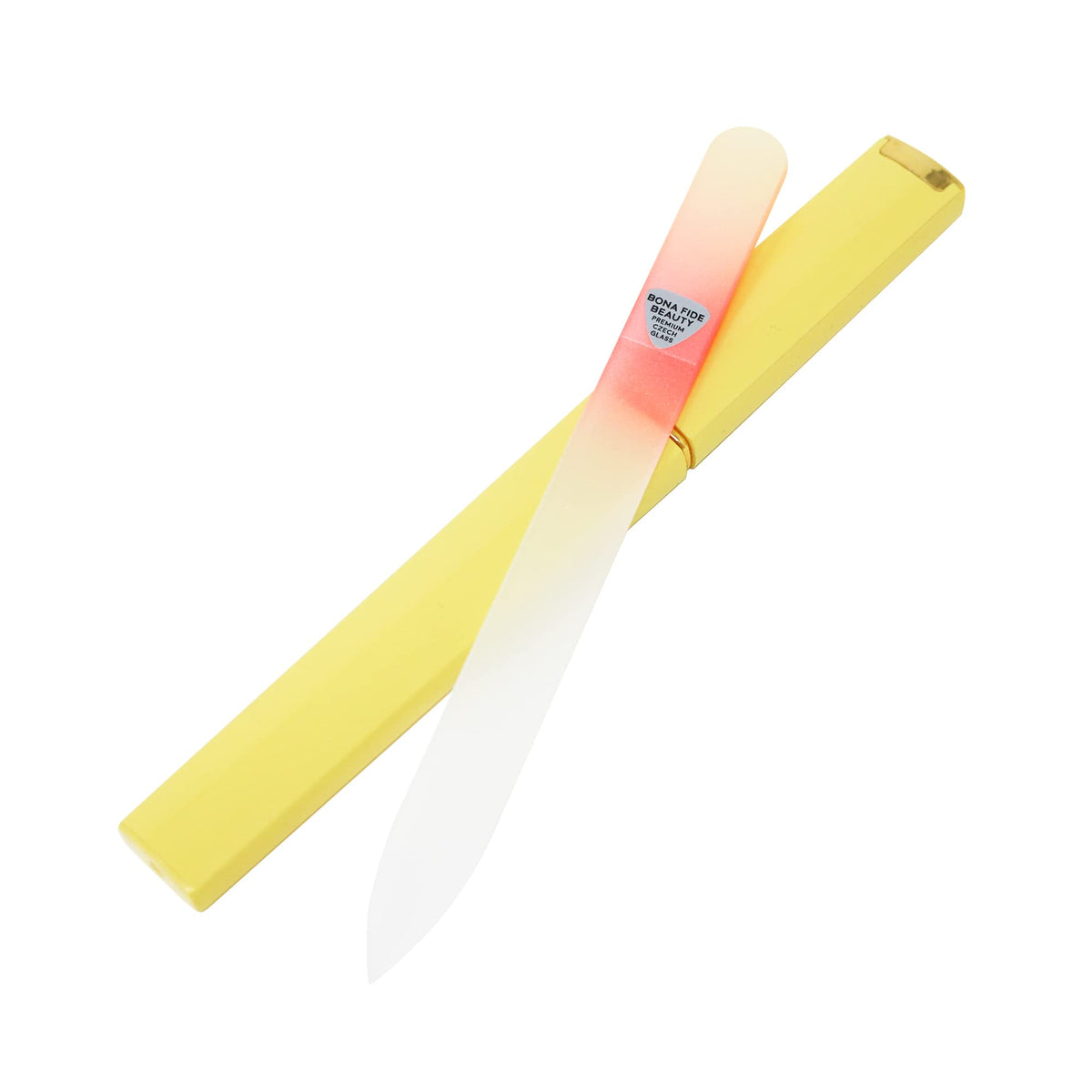 Bona Fide Beauty Czech glass nail file with gold orange handle for gentle natural-nail shaping.