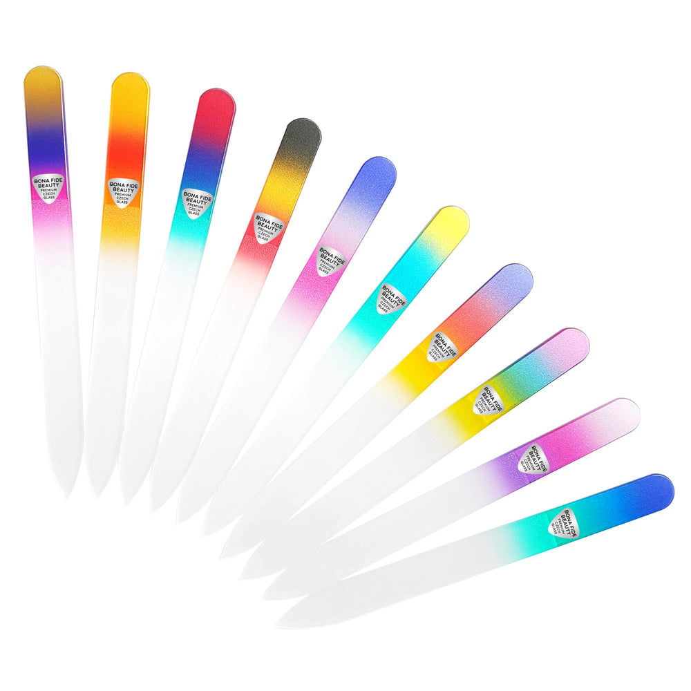 Bona Fide Beauty Czech glass nail files set in sleeves, premium crystal quality for natural nails.