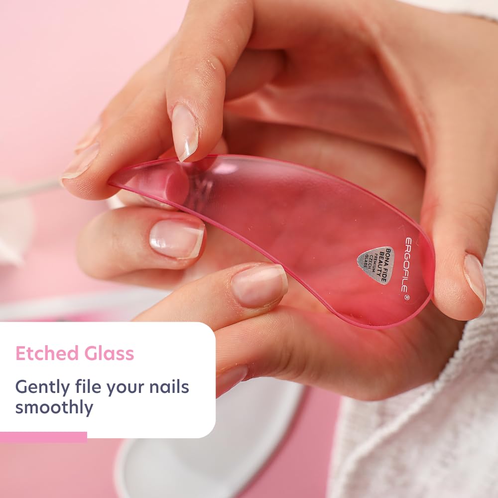 Bona Fide Beauty Ergo File pink surface close up showing fine grit for gentle filing
