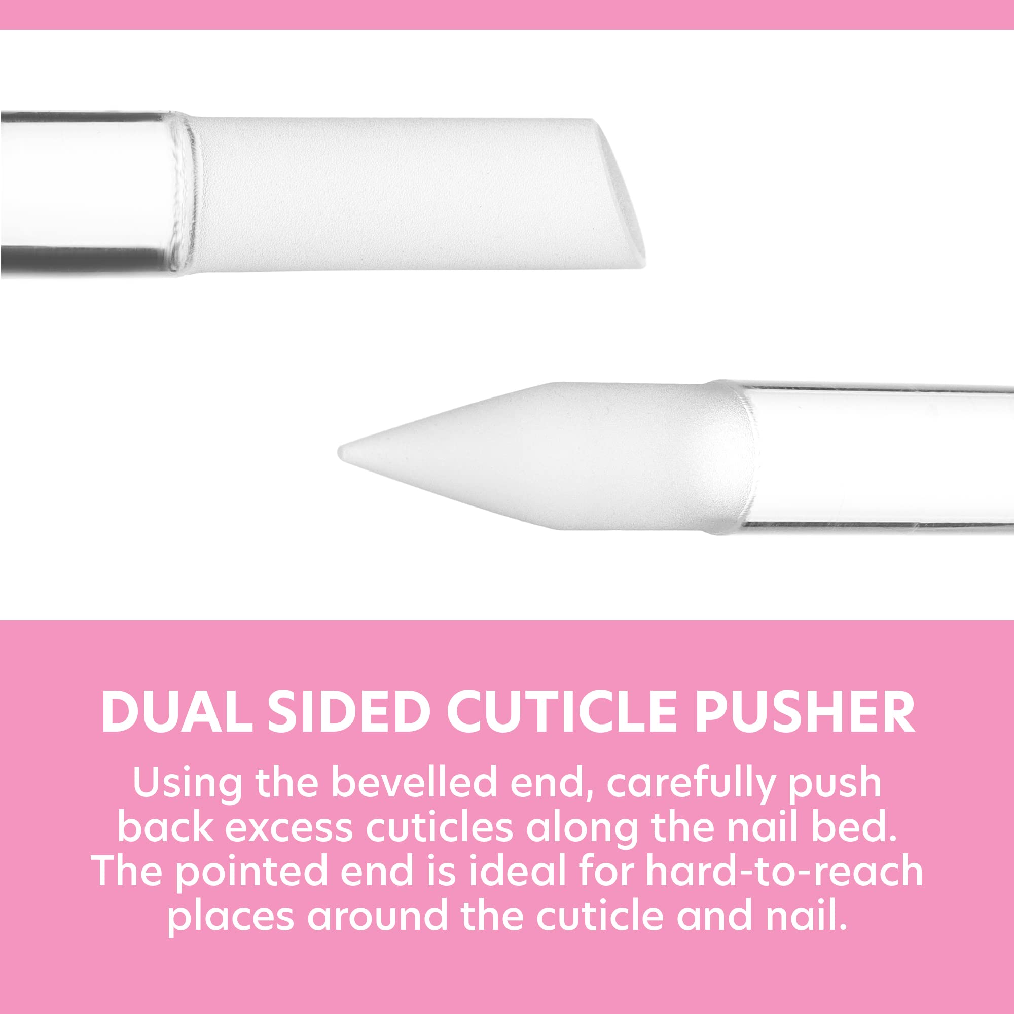 Bona Fide Beauty glass cuticle pusher pointed tip cleans hard-to-reach areas around nails