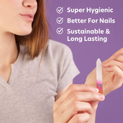 Bona Fide Beauty glass file in use with bidirectional filing for shaping.