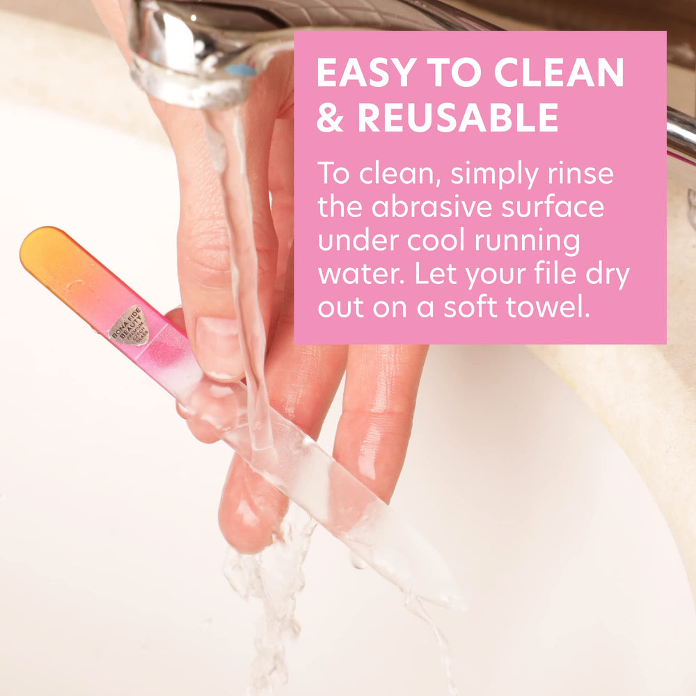 Bona Fide Beauty glass file with case ready for storage and travel.