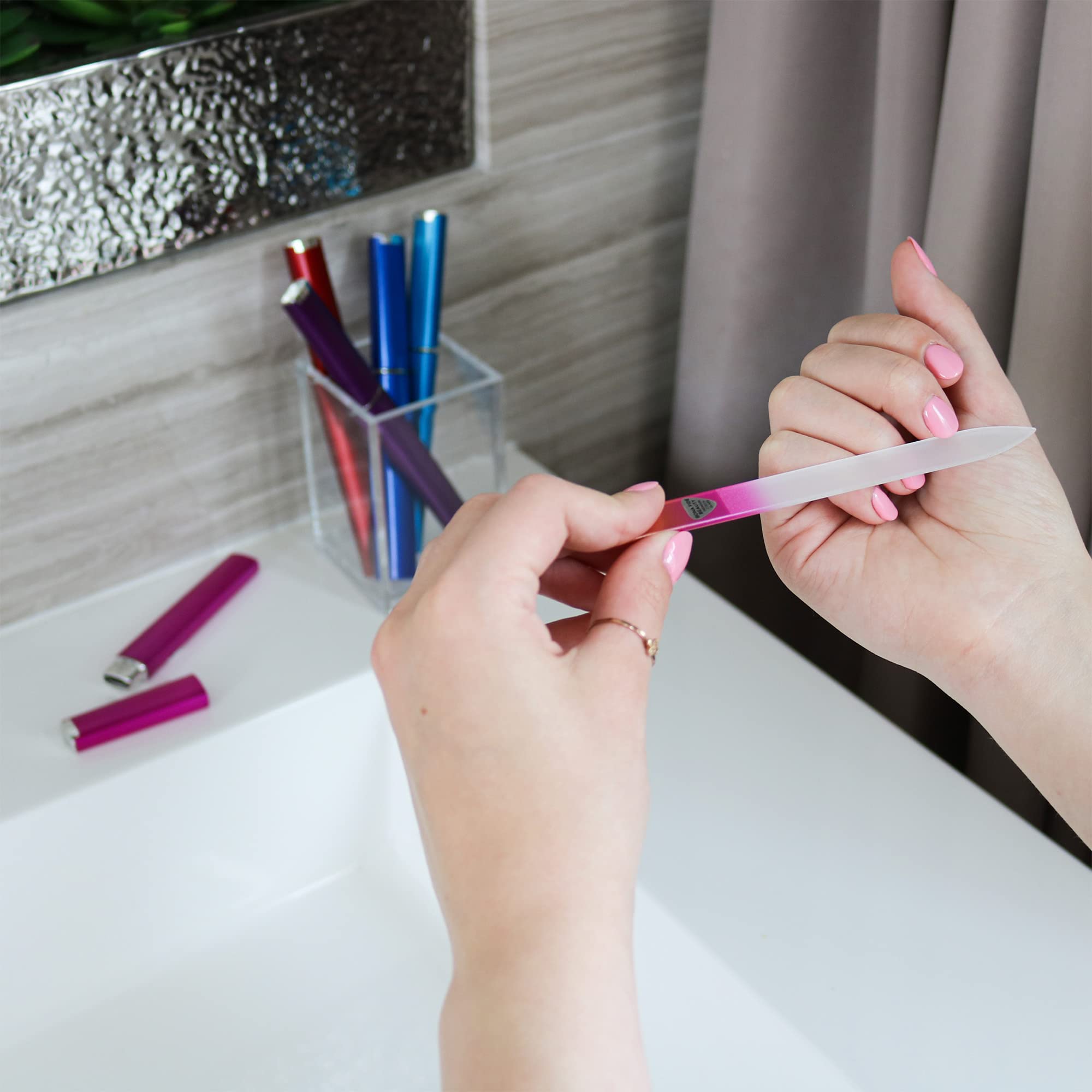 Smooth, snag-free edges after use show Bona Fide Beauty nails result from Czech glass file