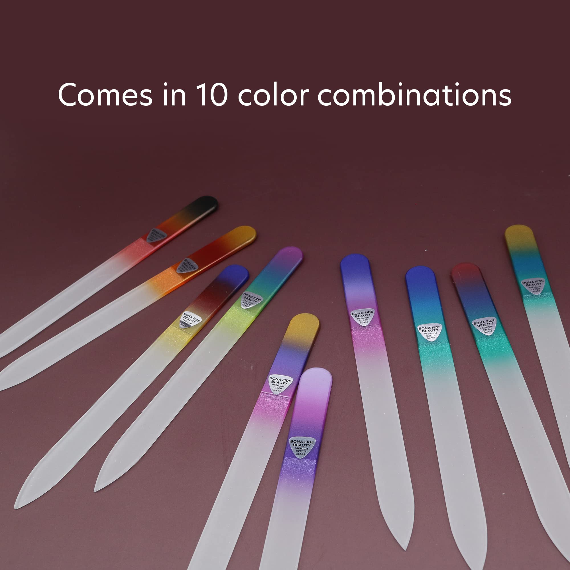 Bona Fide Beauty crystal nail files support two-direction filing for shaping.