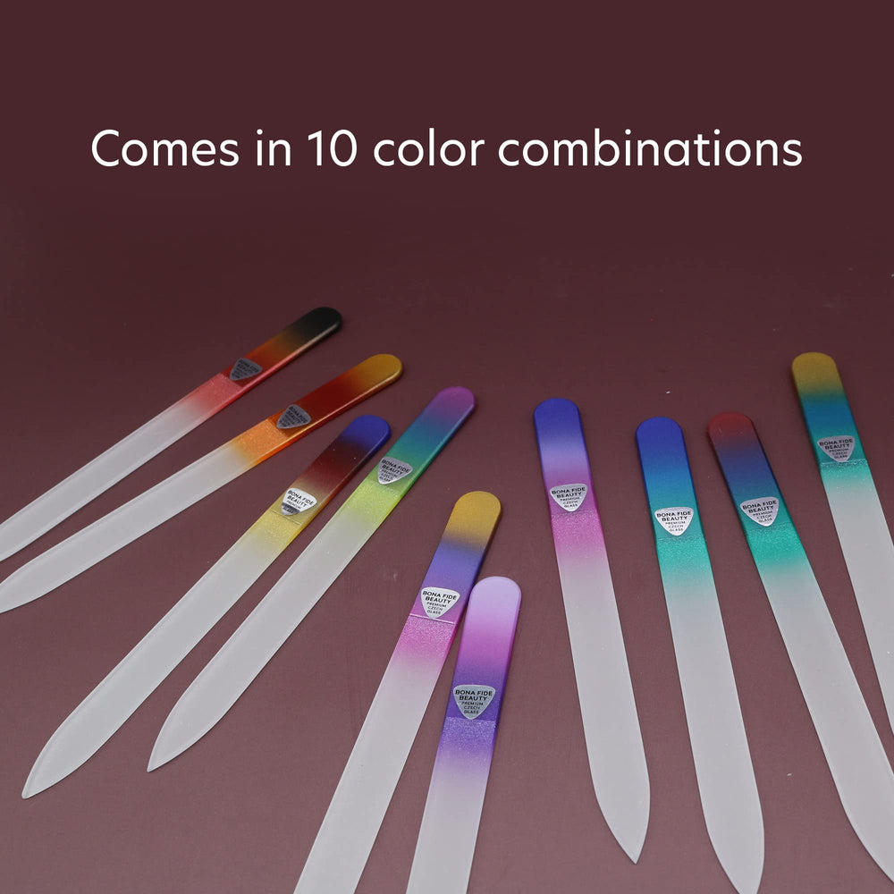 Bona Fide Beauty crystal nail files support two-direction filing for shaping.