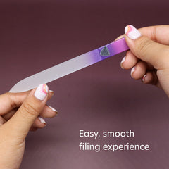 Bona Fide Beauty Czech glass nail file demonstrates fast, gentle edge trimming.