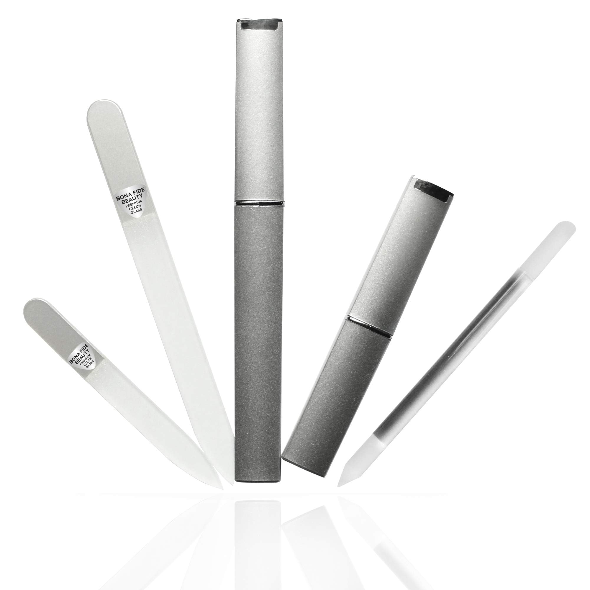 Bona Fide Beauty glass nail files kit in silver case showing precise shaping for natural nails