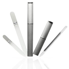 Bona Fide Beauty glass nail files kit in silver case showing precise shaping for natural nails