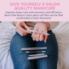 Bona Fide Beauty mini travel glass nail file in silver for on-the-go touch-ups