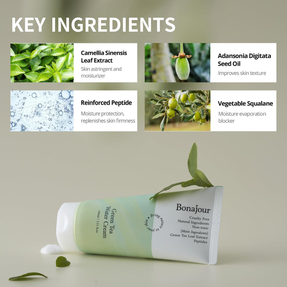 BONAJOUR Ingredients chart showcases organic Jeju green tea and peptides.