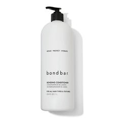 Bondbar conditioner bottle on shelf showcases bond repair and hydration for damaged hair.
