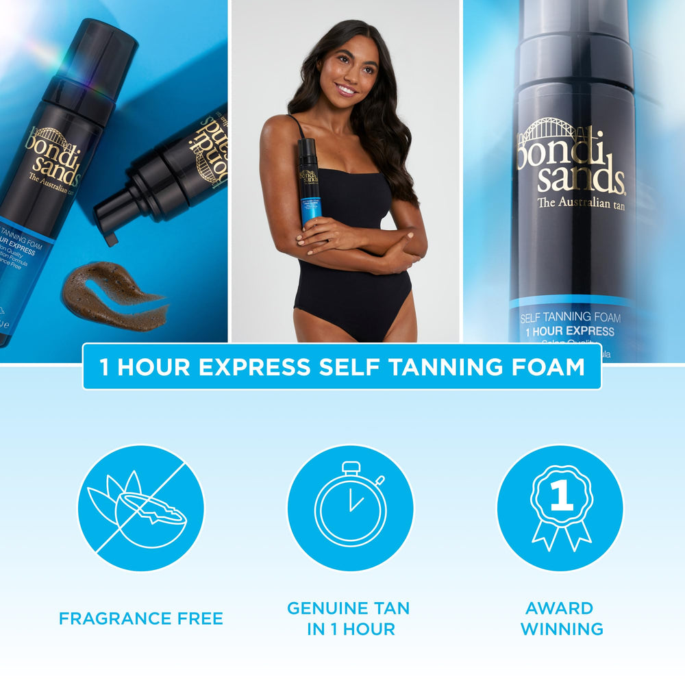 Bondi Sands 1 Hour Express Foam application on hand shows lightweight feel.