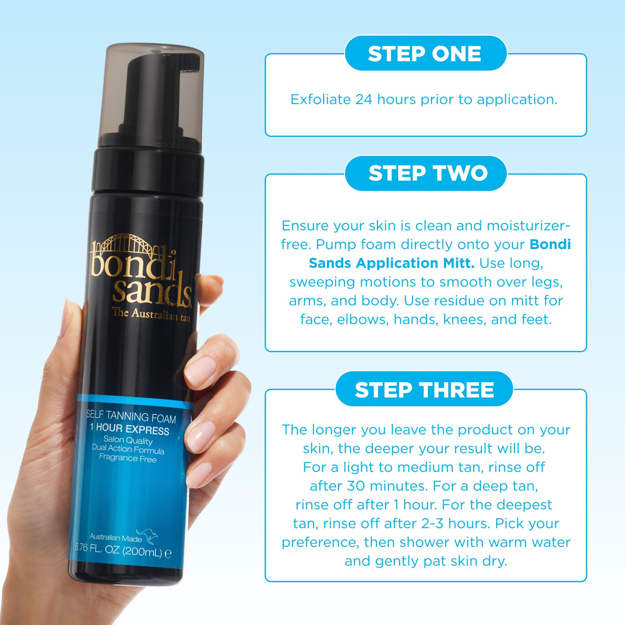 Bondi Sands 1 Hour Express Foam fragrance-free label for sensitive-skin friendly design.