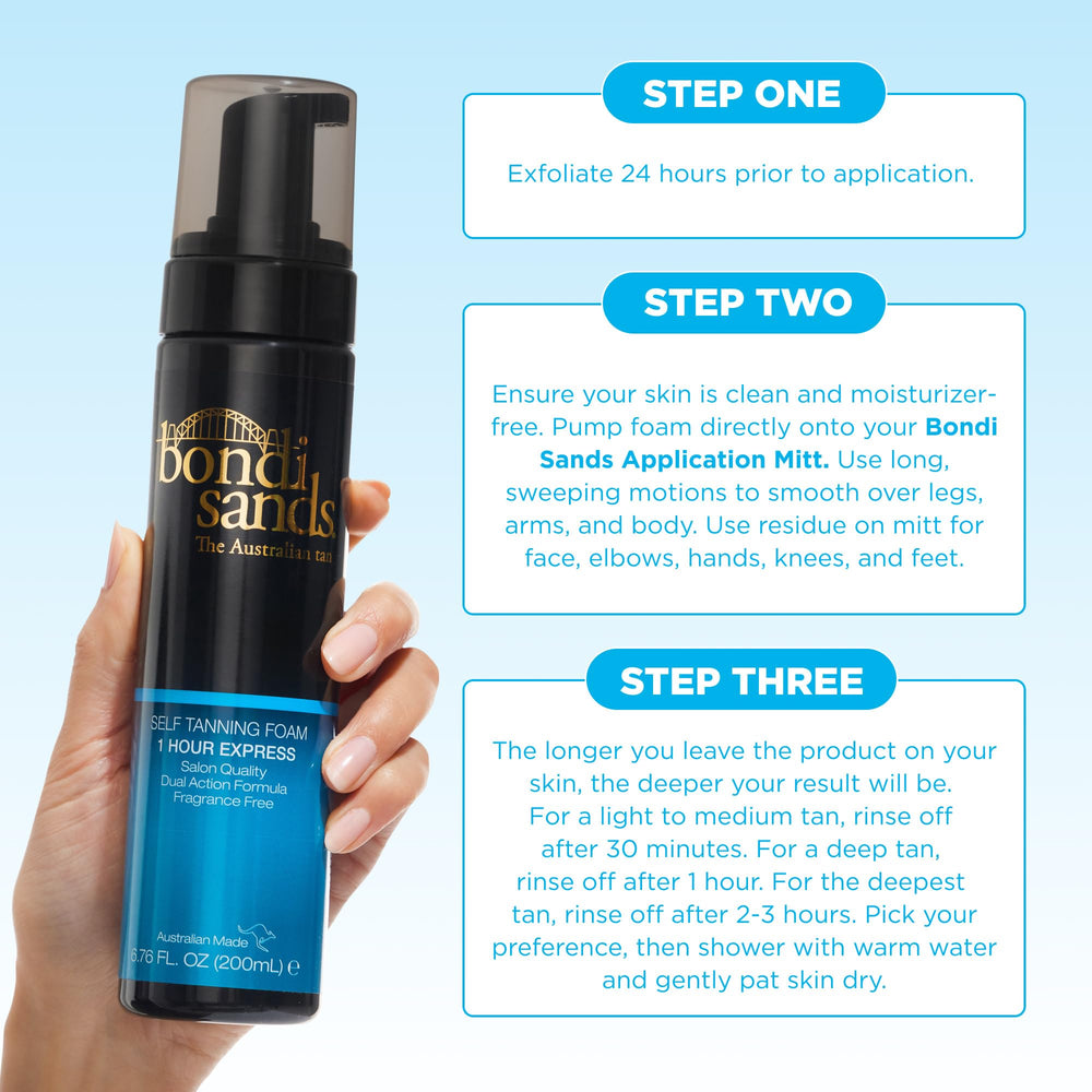 Bondi Sands 1 Hour Express Foam fragrance-free label for sensitive-skin friendly design.