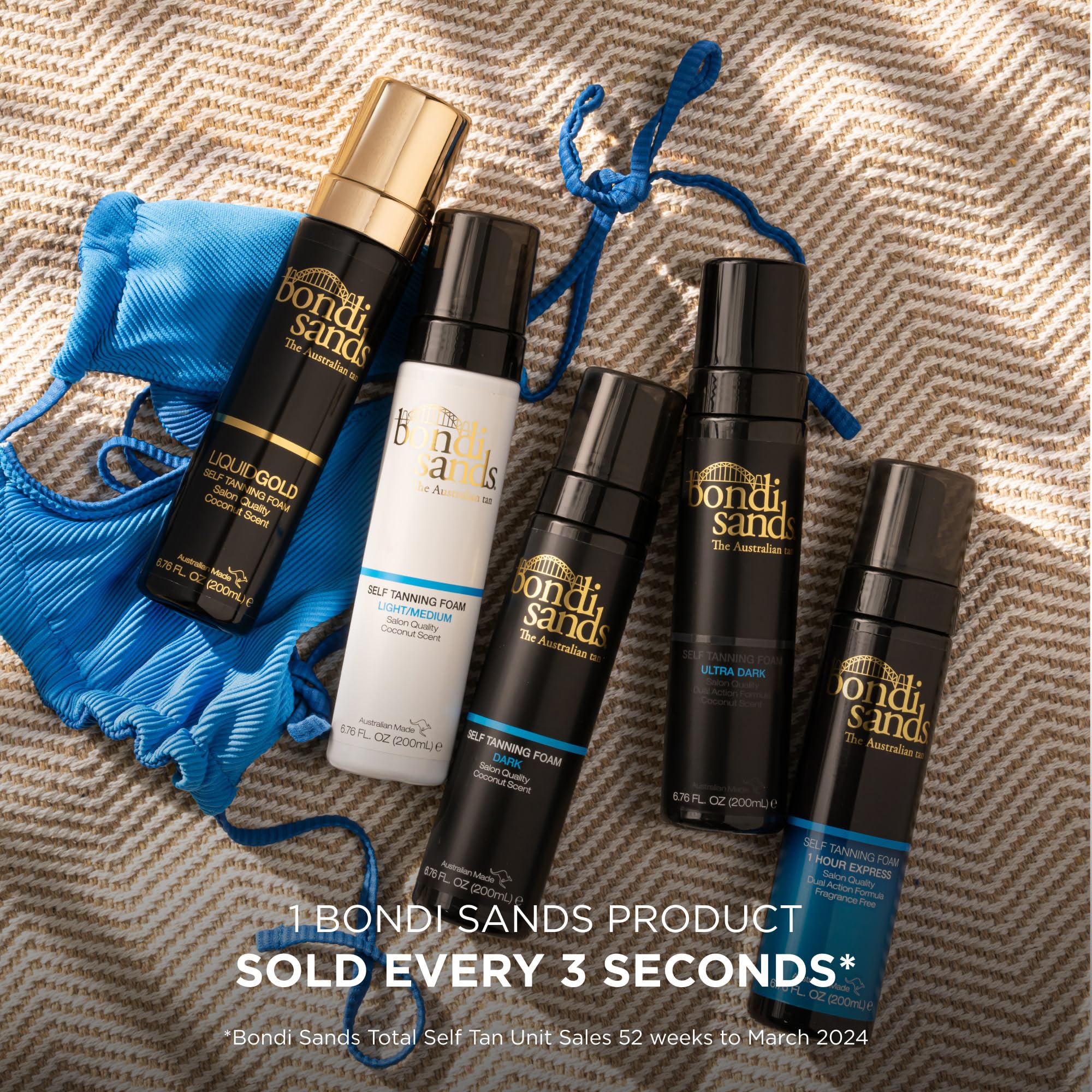 Bondi Sands 1 Hour Express Foam packaging flatlay for quick-tan routine.