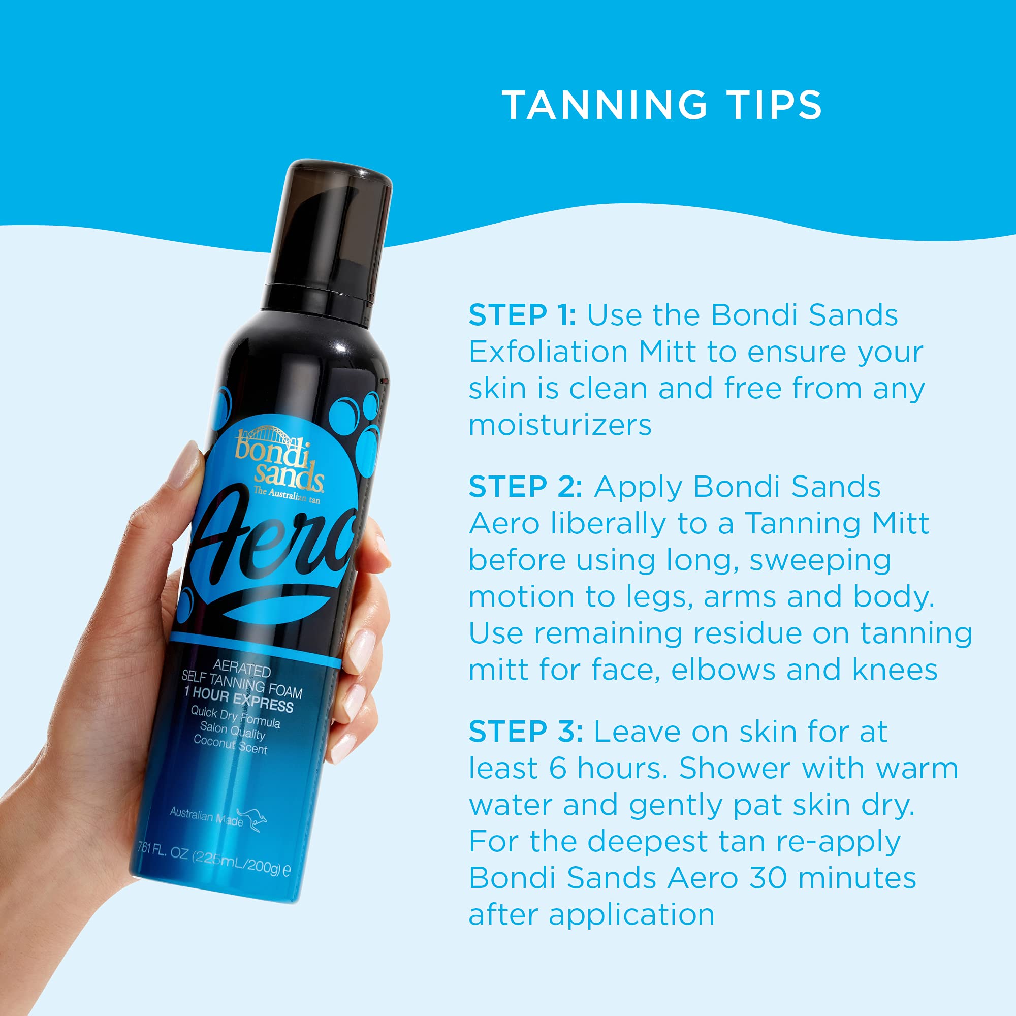 Bondi Sands Aero bottle and foam glow suggests bronzed, beach-ready skin