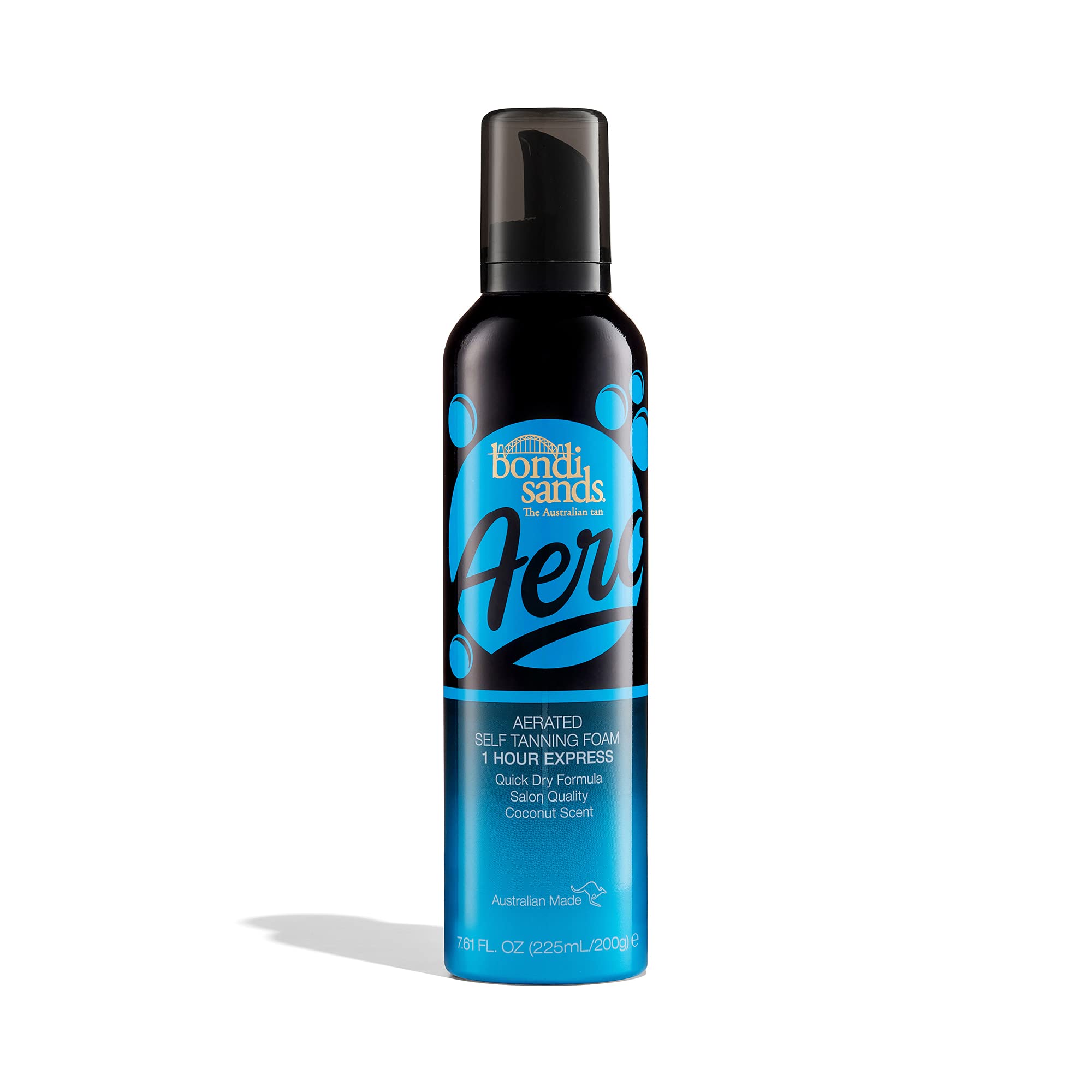 Bondi Sands Aero 1-Hour Express self-tanning foam bottle shows fast, natural bronze potential