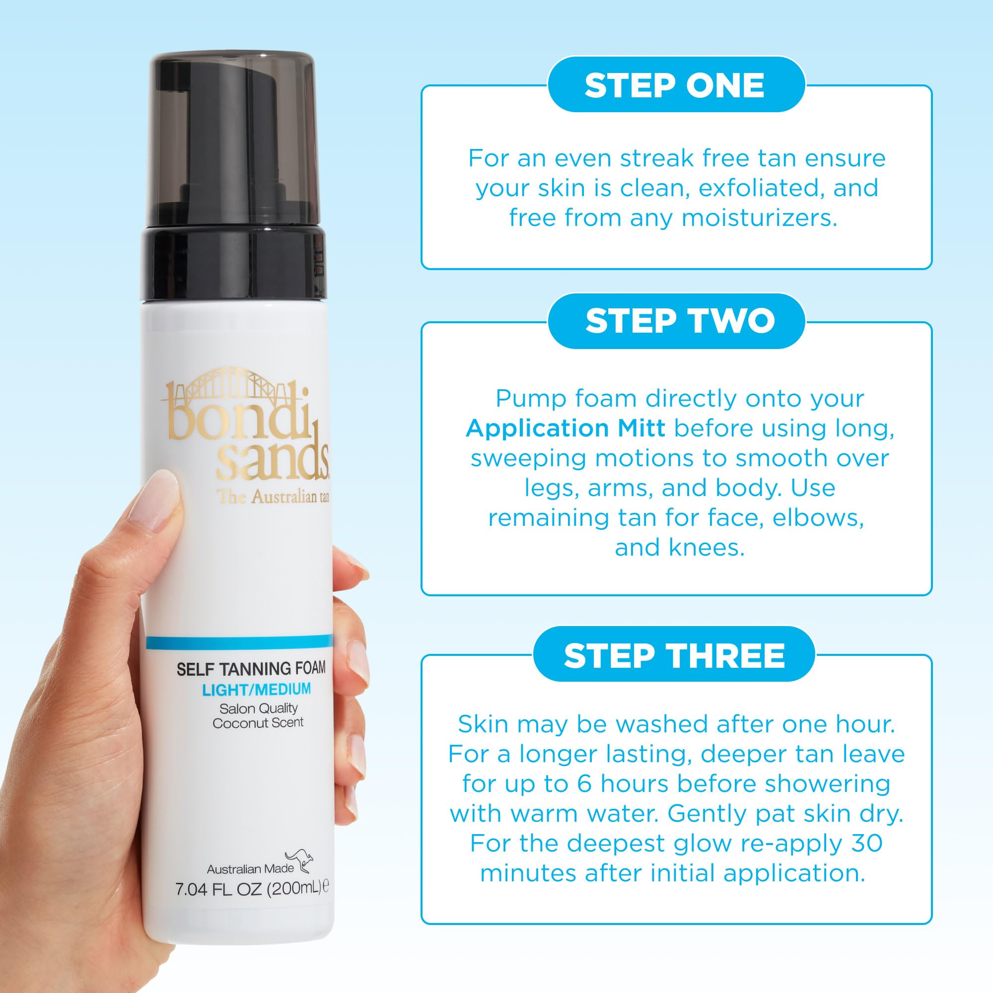 Bondi Sands clean, dry skin prep for optimal tan foundation.