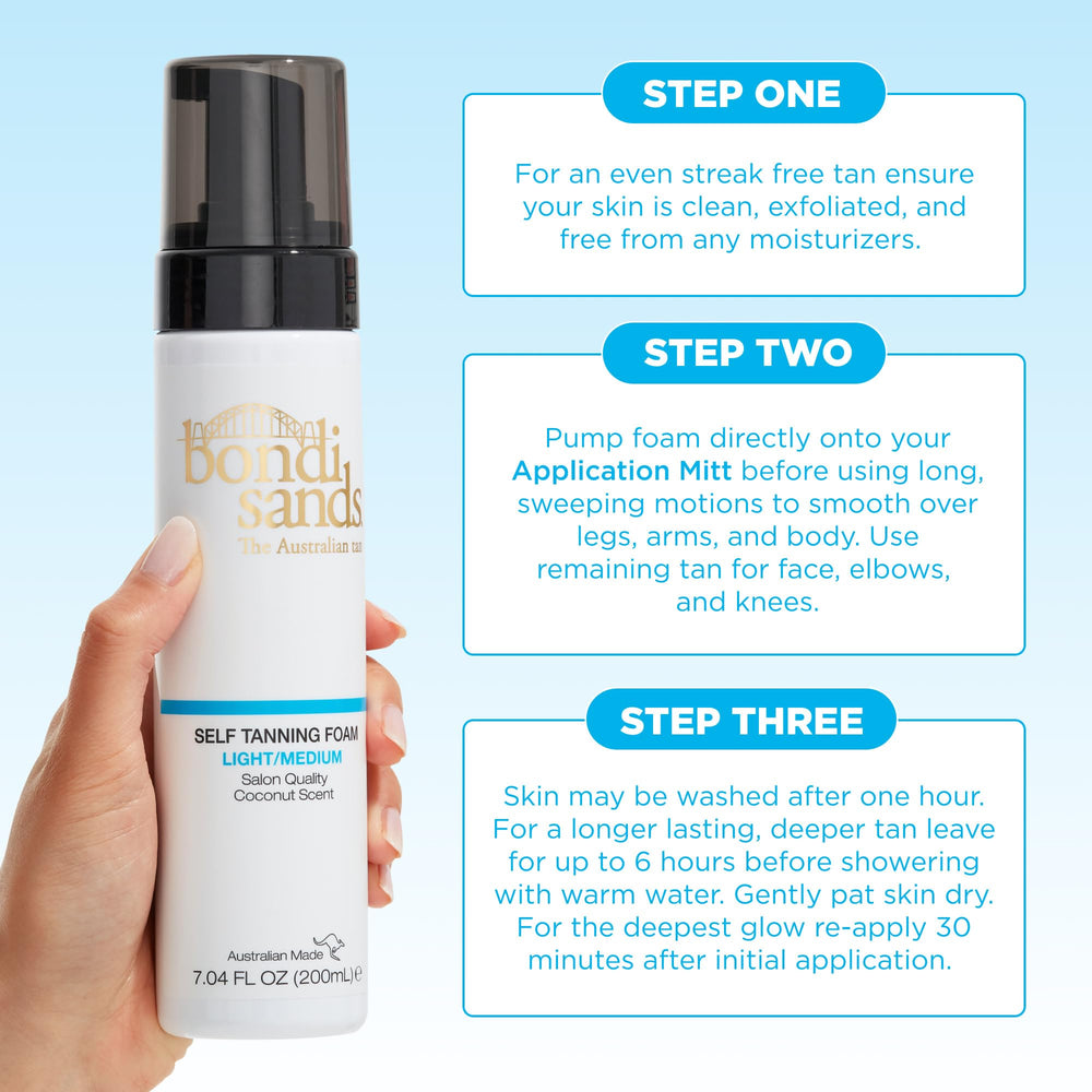 Bondi Sands clean, dry skin prep for optimal tan foundation.